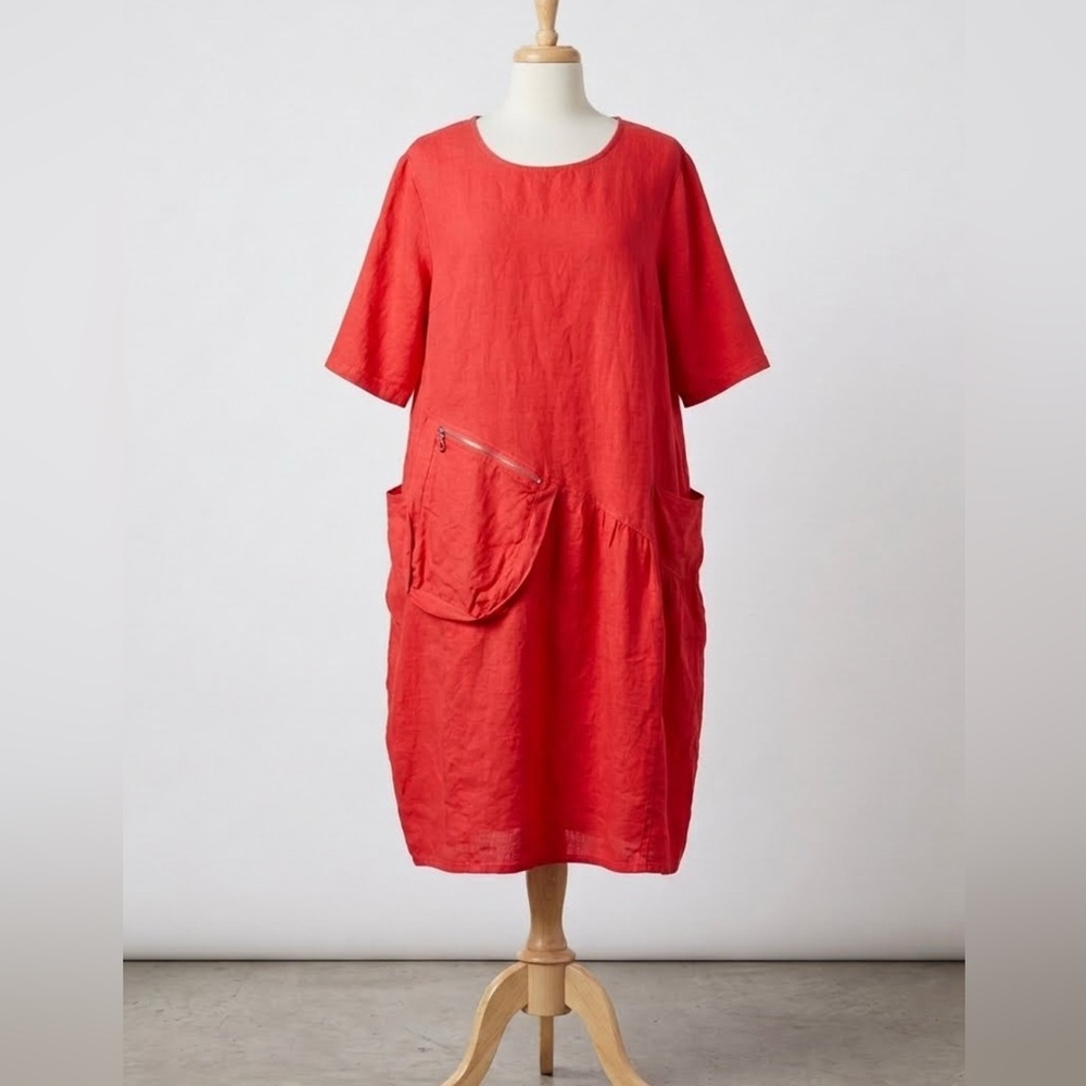 100% Linen Coral Tunic Dress with large Zip Pocket Size L/XL